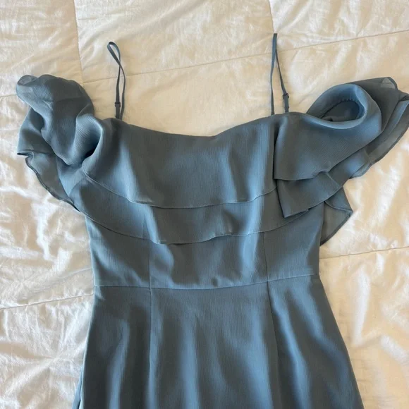 NWT Wayf Lauren Off the Shoulder Maxi Dress Granite Blue Ruffle Gown Size Small - Picture 9 of 12